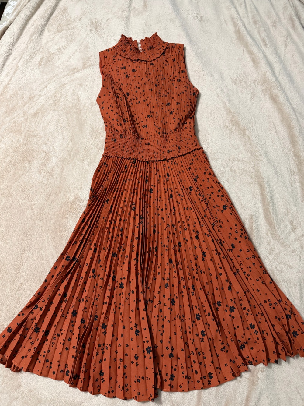 Nanette Lepore Rust Floral Pleated Midi Dress